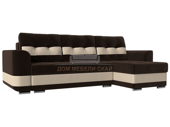 Угловой диван-кровать правый Честер, коричневый/бежевый/микровельвет/экокожа