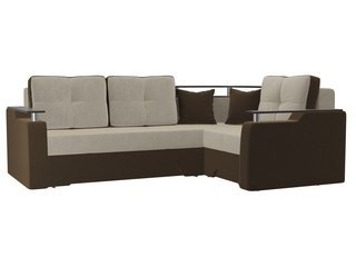 Угловой диван-кровать правый Комфорт, бежевый/коричневый/микровельвет