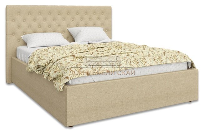 Кровать двуспальная Лофтум 1600 мягкая, бежевая рогожка