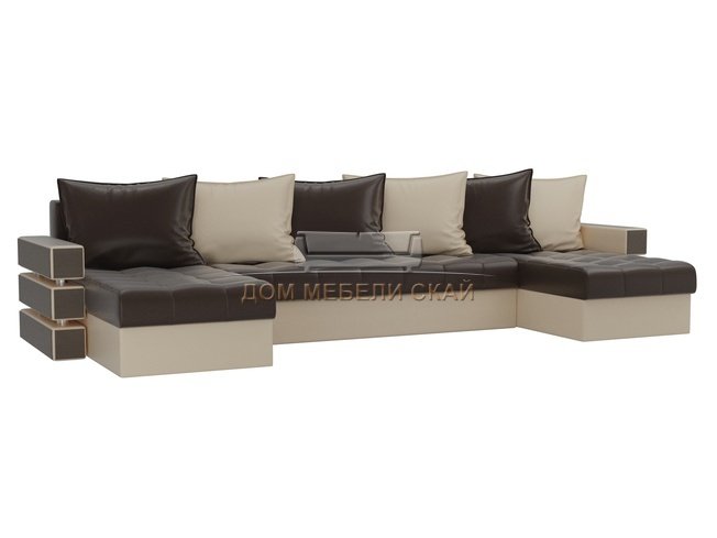 П-образный угловой диван Венеция, коричневый/бежевый/экокожа