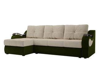 Угловой диван-кровать левый Меркурий, бежевый/зеленый/микровельвет