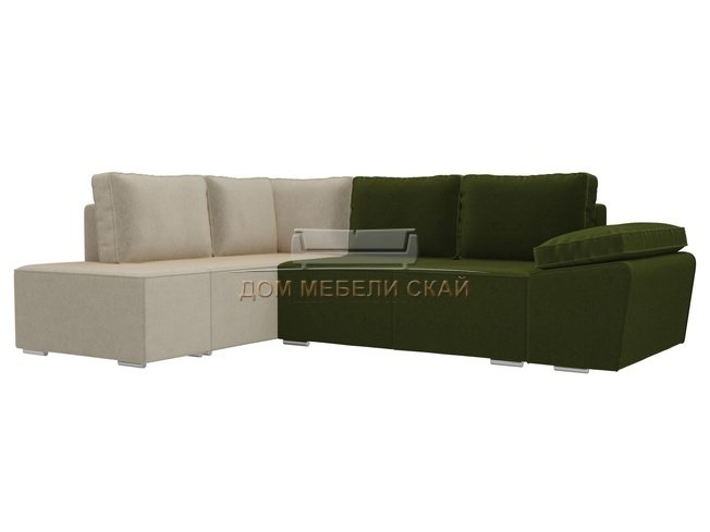Угловой диван-кровать левый Хавьер, зеленый/бежевый/микровельвет