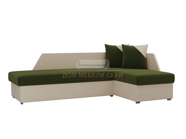 Угловой диван-кровать правый Андора, зеленый/бежевый/микровельвет/экокожа