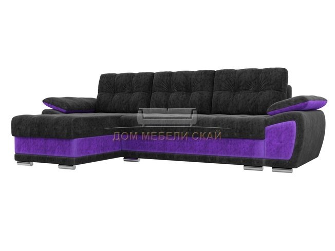Угловой диван-кровать левый Нэстор, черный/фиолетовый/велюр