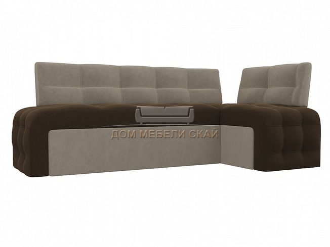 Кухонный угловой диван правый Люксор, коричневый/бежевый/микровельвет