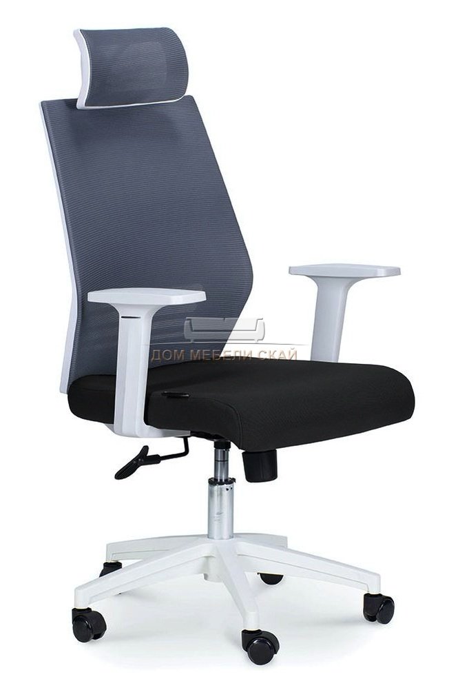 Кресло офисное Престиж, белый пластик/серая сетка/черная ткань база нейлон)