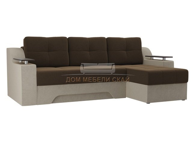 Угловой диван-кровать правый Сенатор, коричневый/бежевый/микровельвет