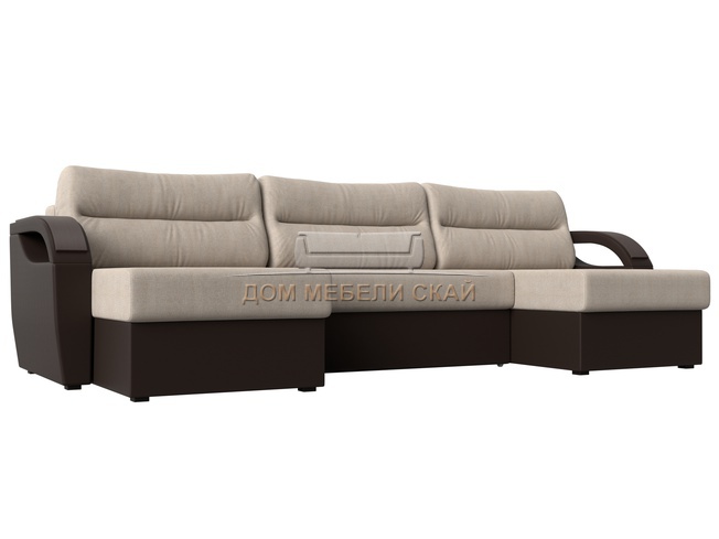 П-образный угловой диван Форсайт, бежевый/коричневый/рогожка/экокожа