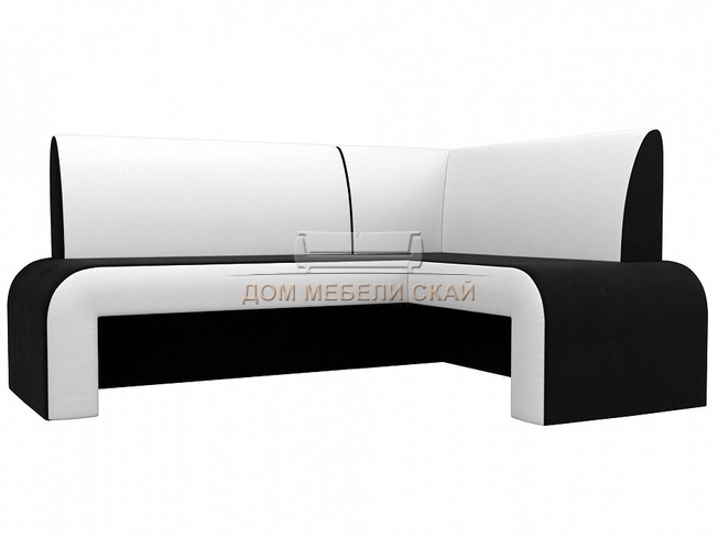 Кухонный угловой диван правый Кармен, черный/белый/микровельвет/экокожа