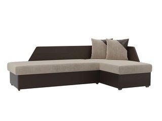 Угловой диван-кровать правый Андора, бежевый/коричневый/велюр/экокожа