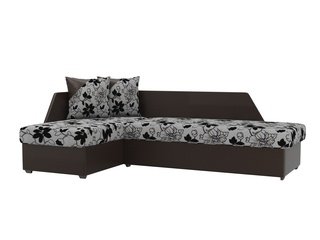 Угловой диван-кровать левый Андора, цветы/коричневый/флок на рогожке/экокожа