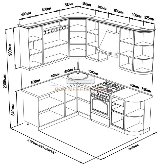 Угловой кухонный гарнитур схема с размерами