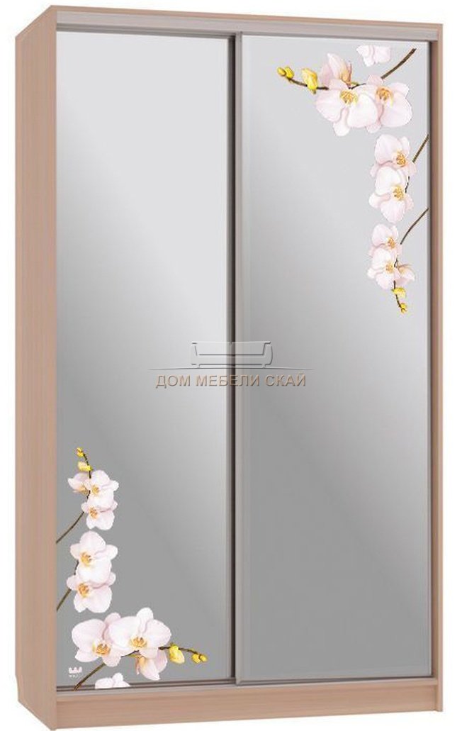 Шкаф-купе 2-дверный зеркальный Рио 4-600, дуб млечный/орхидеи