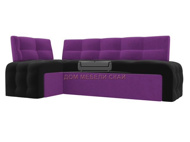 Кухонный угловой диван левый Люксор, черный/фиолетовый/микровельвет