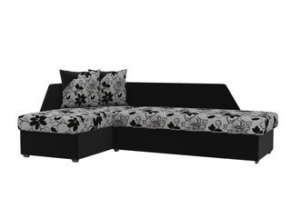 Угловой диван-кровать левый Андора, цветы/черный/флок на рогожке/микровельвет