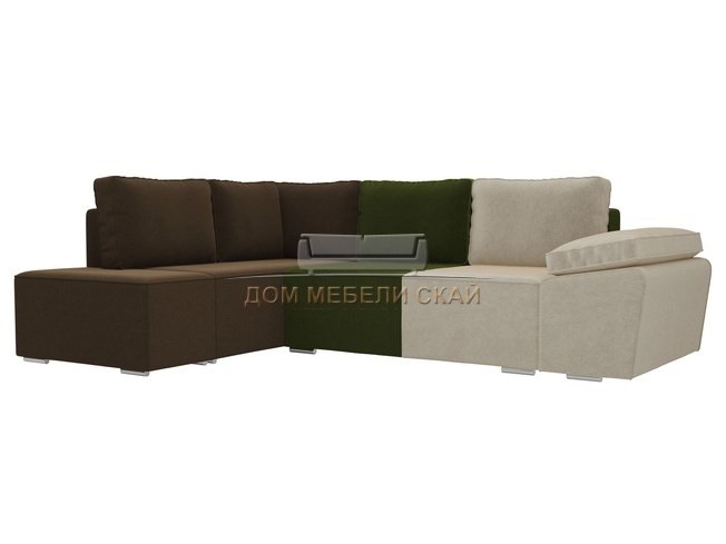 Угловой диван-кровать левый Хавьер, бежевый/зеленый/коричневый/микровельвет