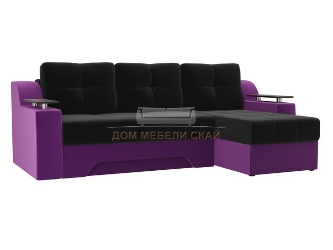 Угловой диван-кровать правый Сенатор, черный/фиолетовый/микровельвет