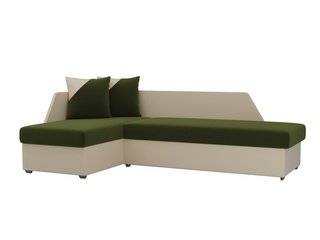 Угловой диван-кровать левый Андора, зеленый/бежевый/микровельвет/экокожа