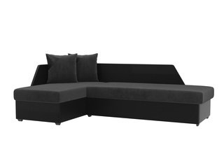 Угловой диван-кровать левый Андора, серый/черный/велюр/экокожа
