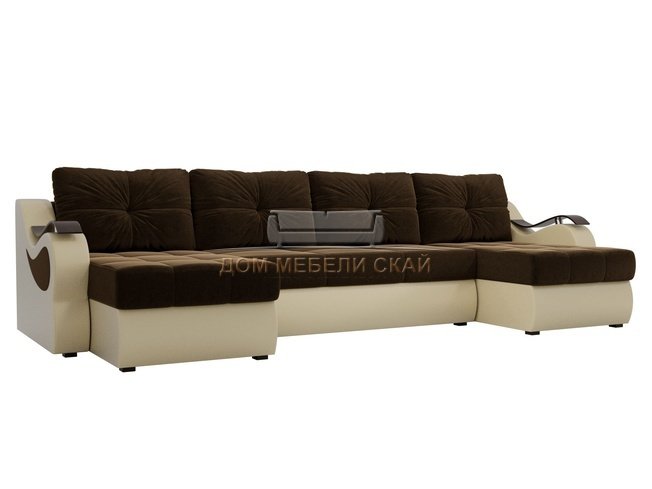 П-образный угловой диван Меркурий, коричневый/бежевый/микровельвет/экокожа