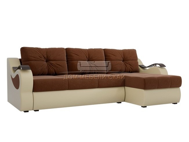 Угловой диван-кровать правый Меркурий, коричневый бежевый/рогожка/экокожа
