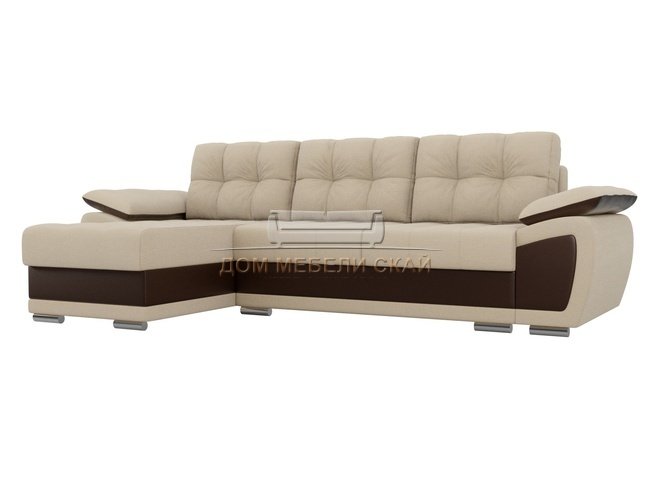 Угловой диван-кровать левый Нэстор, бежевый/коричневый/рогожка/экокожа