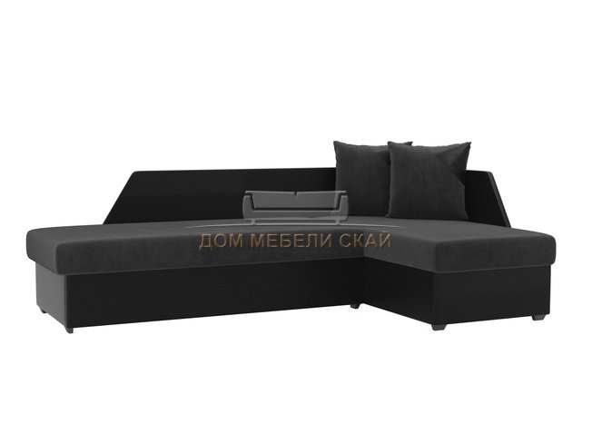 Угловой диван-кровать правый Андора, серый/черный/велюр/экокожа