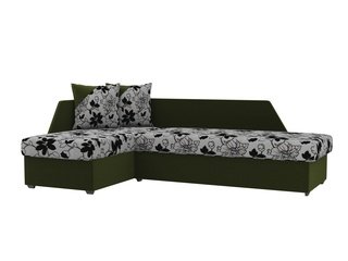 Угловой диван-кровать левый Андора, цветы/зеленый/флок на рогожке/микровельвет
