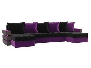 П-образный угловой диван Венеция, черный/фиолетовый/микровельвет