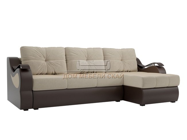 Угловой диван-кровать правый Меркурий, бежевый/коричневый/микровельвет/экокожа