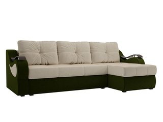 Угловой диван-кровать правый Меркурий, бежевый/зеленый/микровельвет