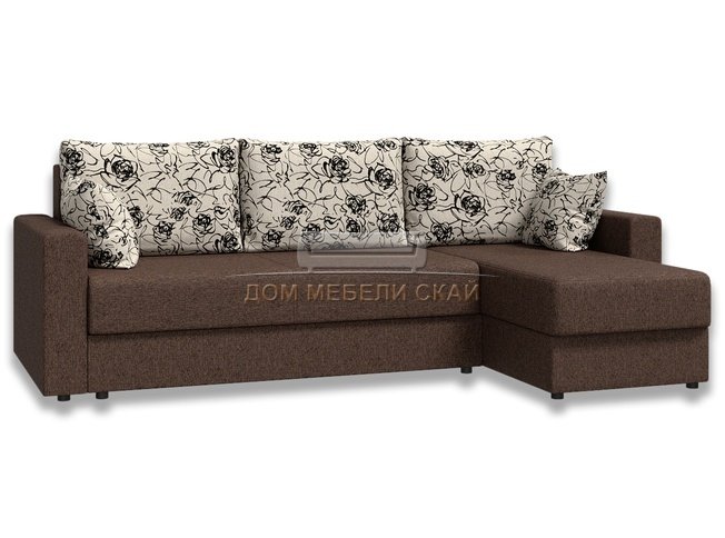 Угловой диван-кровать Лира с боковинами, коричневый/рогожка/флок розы