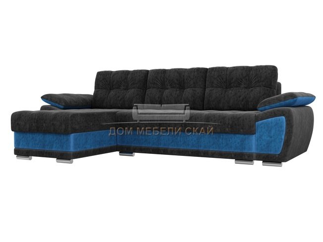 Угловой диван-кровать левый Нэстор, черный/голубой/велюр
