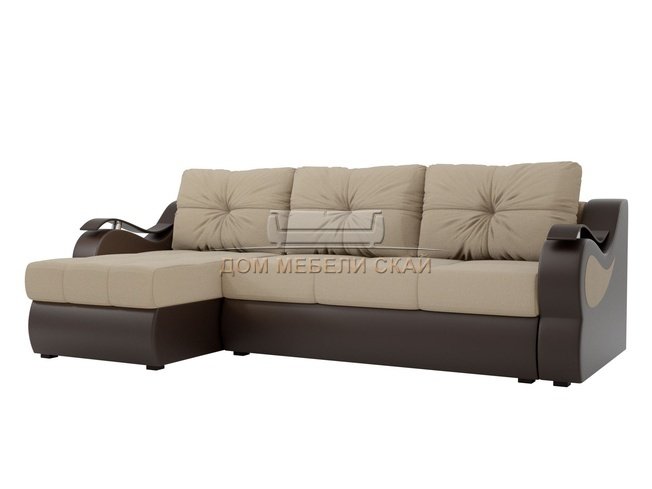 Угловой диван-кровать левый Меркурий, бежевый/коричневый/рогожка/экокожа