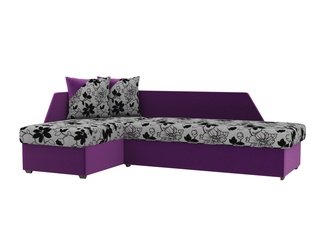 Угловой диван-кровать левый Андора, цветы/фиолетовый/флок на рогожке/микровельвет