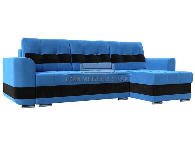Угловой диван-кровать правый Честер, голубой/черный/велюр