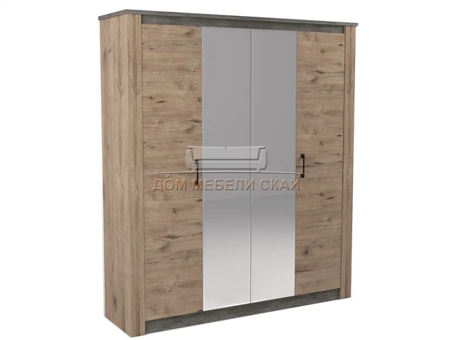Шкаф 4-дверный с зеркалами Денвер, дуб веллингтон