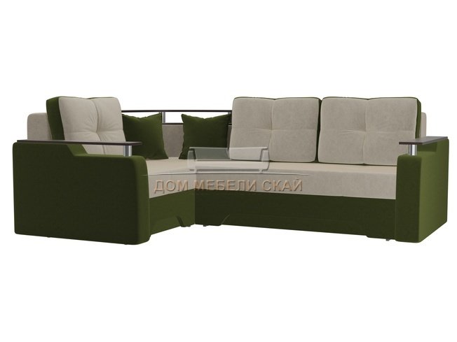 Угловой диван-кровать левый Комфорт, бежевый/зеленый/микровельвет