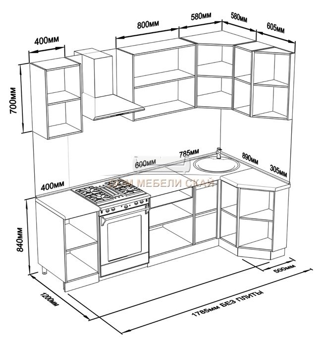 Чертеж кухни с размерами угловой с посудомойкой