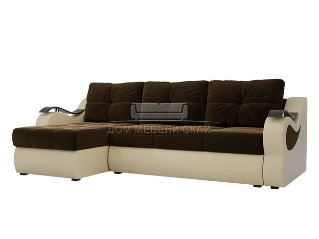 Угловой диван-кровать левый Меркурий, коричневый бежевый/микровельвет/экокожа