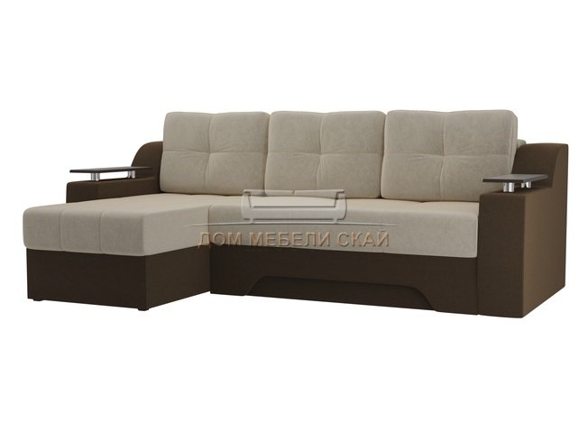Угловой диван-кровать левый Сенатор, бежевый/коричневый/микровельвет