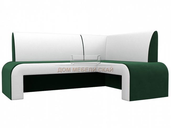 Кухонный угловой диван правый Кармен, зеленый/белый/велюр/экокожа