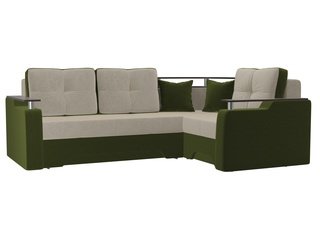 Угловой диван-кровать правый Комфорт, бежевый/зеленый/микровельвет