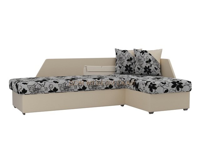 Угловой диван-кровать правый Андора, цветы/бежевый/флок на рогожке/экокожа