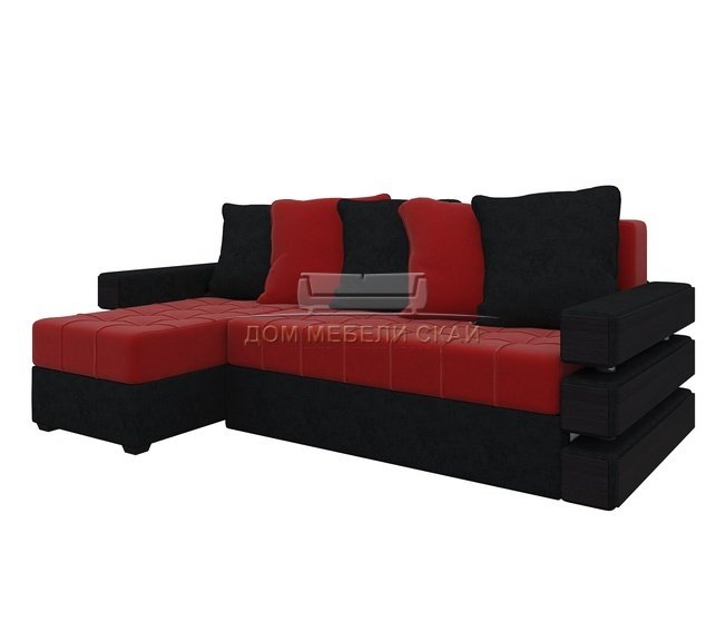 Угловой диван-кровать левый Венеция, красный/черный/микровельвет