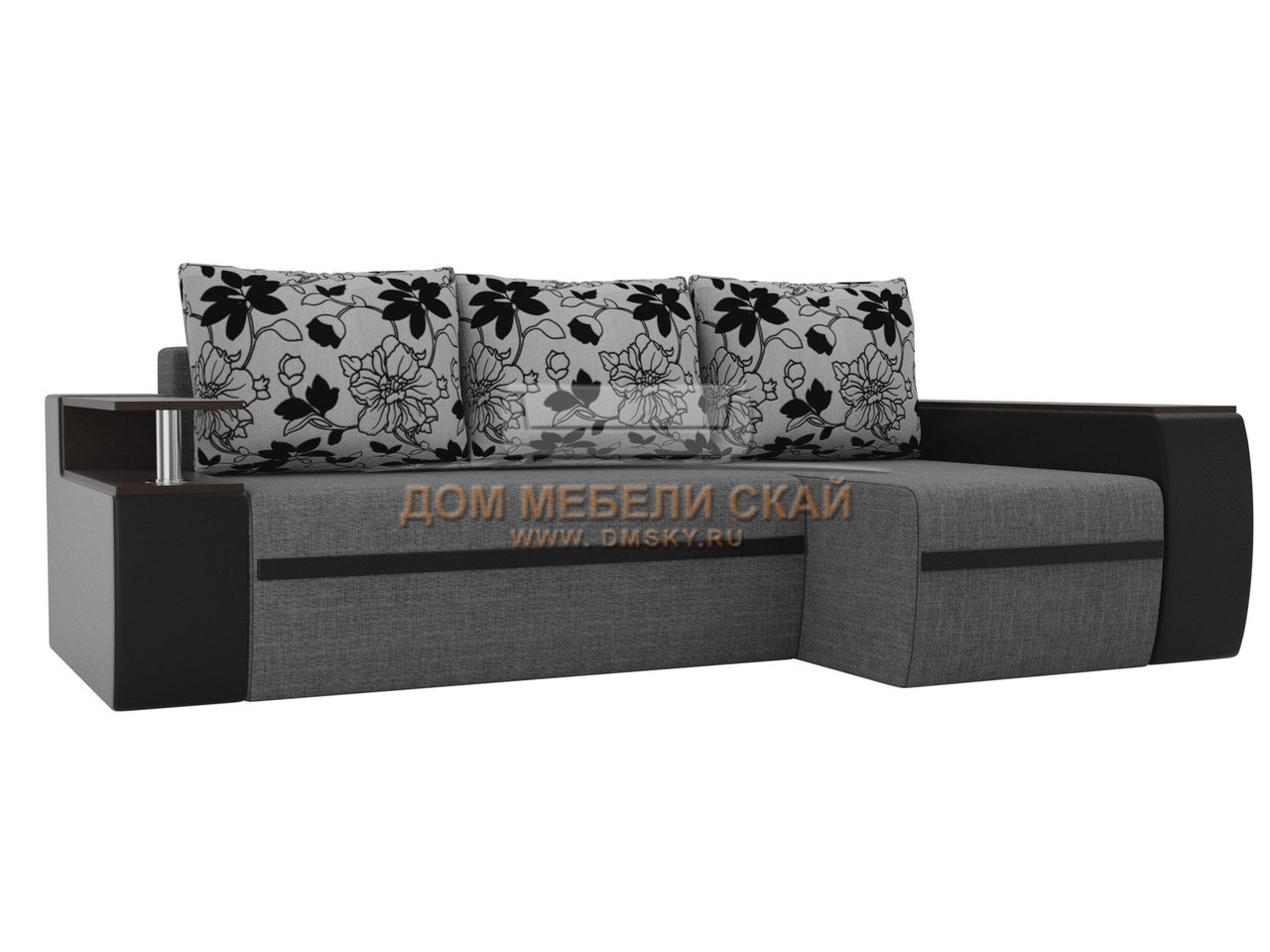 Угловой диван-кровать правый Ричмонд, серый/черный/цветы/рогожка/экокожа/флокна рогожке - купить в Москве недорого по цене 51 990 руб. (арт. B10025121)