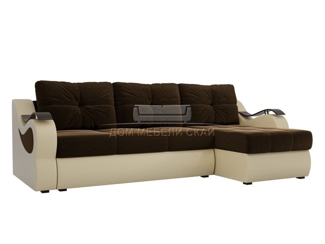 Угловой диван-кровать правый Меркурий, коричневый бежевый/микровельвет/экокожа