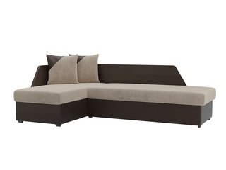 Угловой диван-кровать левый Андора, бежевый/коричневый/велюр/экокожа