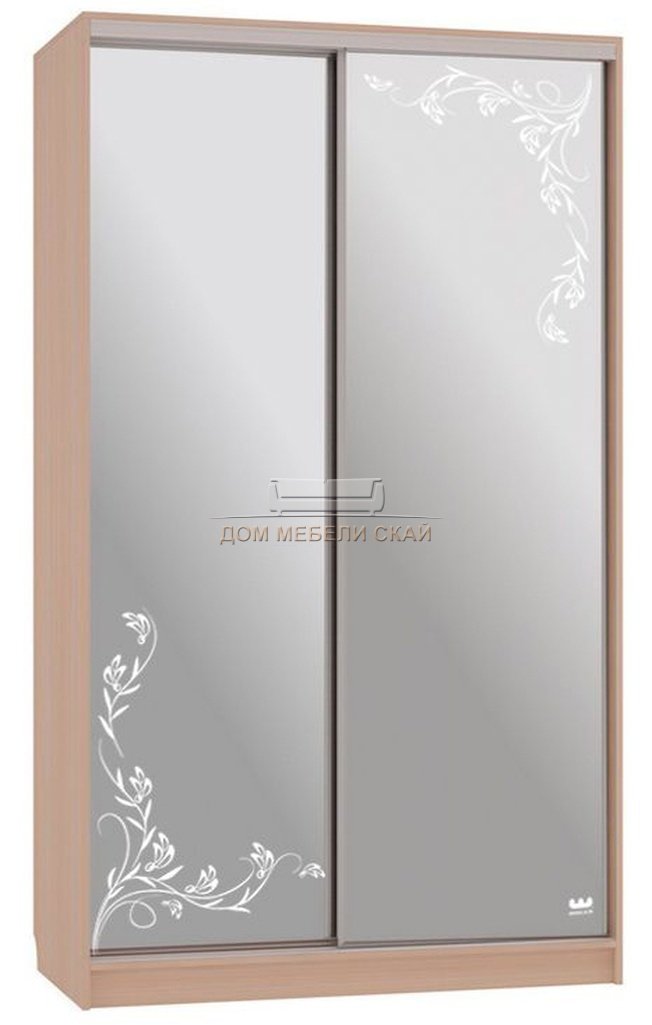 Шкаф-купе 2-дверный зеркальный Рио 4-600, дуб млечный/цветы 2