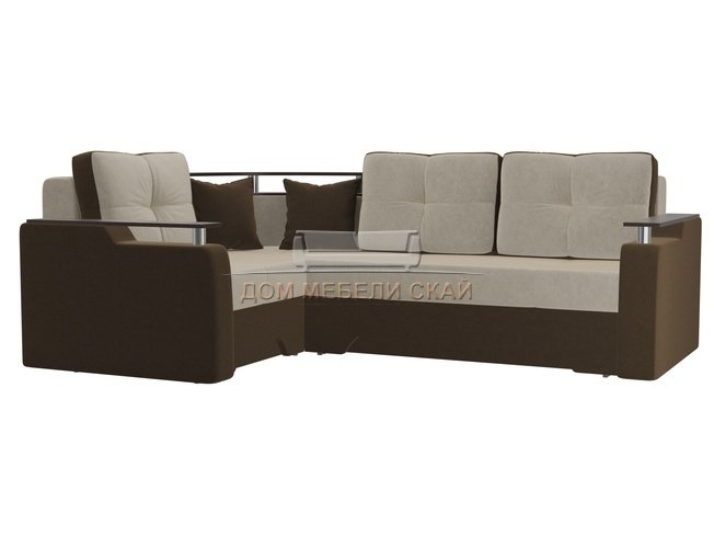 Угловой диван-кровать левый Комфорт, бежевый/коричневый/микровельвет